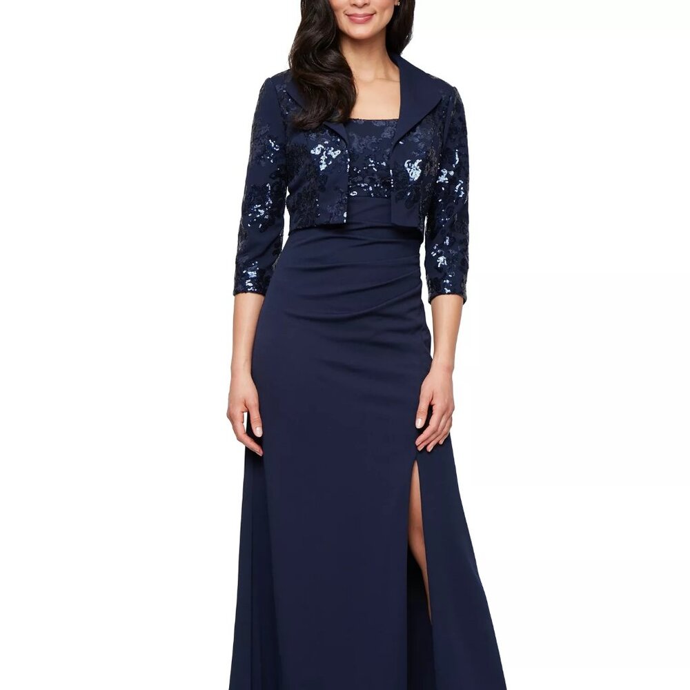 Alex Evenings Petite Long Scuba Crepe Jacket Dress Navy Size 16P